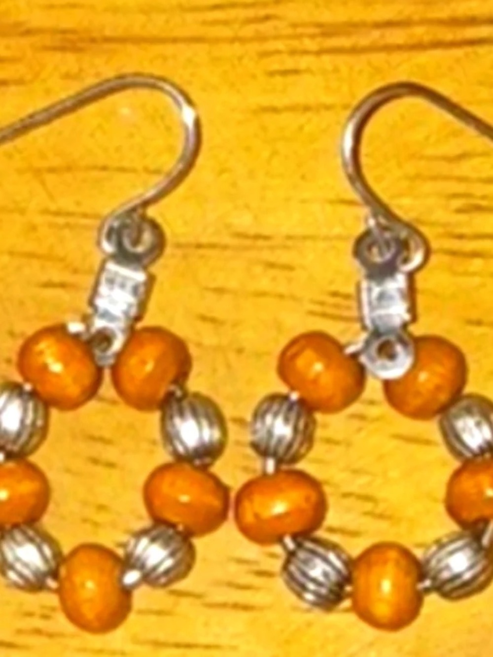Handmade Orange and Silver Beaded Hoop Earrings